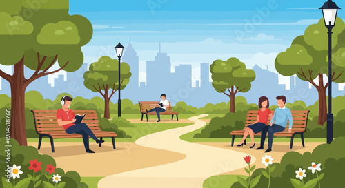 People Relaxing in a City Park on Benches, Reading and Talking, Summer Day