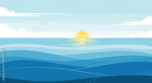 Serene Ocean Sunrise with Rippling Waves and Distant Birds