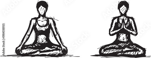 Hand Drawn Sketch of Women Meditating, Yoga Poses in Lotus Position and Prayer Mudra, Dynamic Ink Line Art