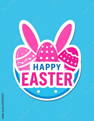 Easter eggs with bunny ears illustration over blue background