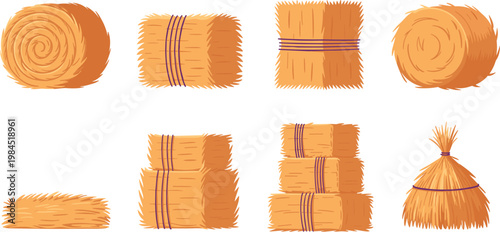 Cartoon vector illustration of hay bales showing round rectangular stacked and bundled straw designs