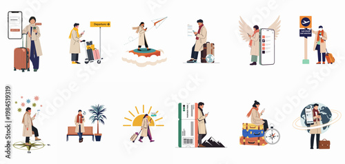Flat vector illustrations of travelers using mobile applications for flight booking, check-in, and navigation services, featuring people with suitcases in various travel scenarios.