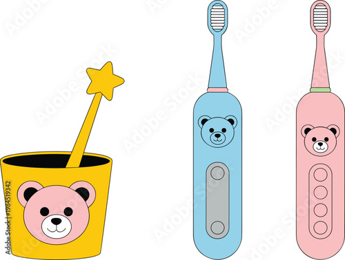 Cartoon vector illustration of kids dental care items showing toothbrushes and cup with cute bear design