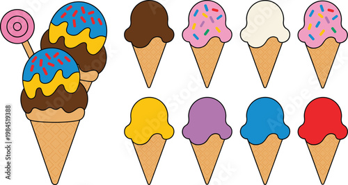 Cartoon vector illustration of ice cream cones showing colorful scoops with sprinkles and waffle design