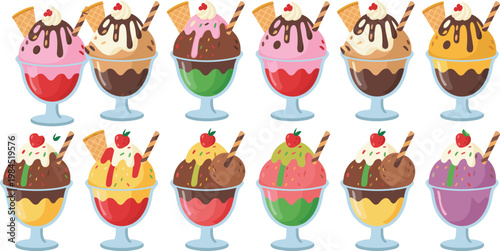 Delicious Ice Cream Sundae Vector Set Featuring Various Flavors Topped With Chocolate Syrup Wafers And Cherries For Dessert Menu Design