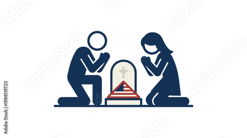 Praying Couple at a Gravestone with a Cross