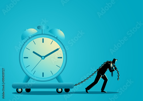 Businessman Dragging Clock With Chain Time Pressure Deadline Stress Concept Illustration