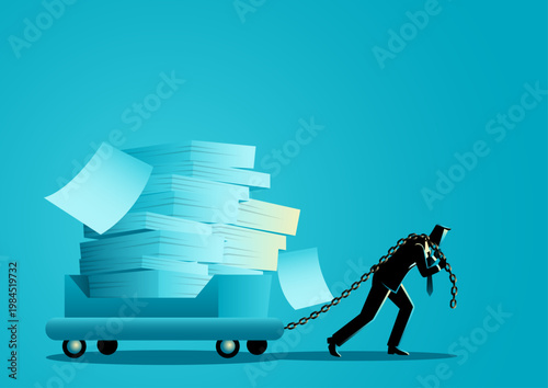 Businessman Dragging Huge Stack of Paperwork Workload Stress Deadline Concept Illustration