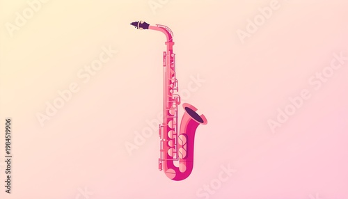 A pink saxophone stands alone against a soft, gradient background