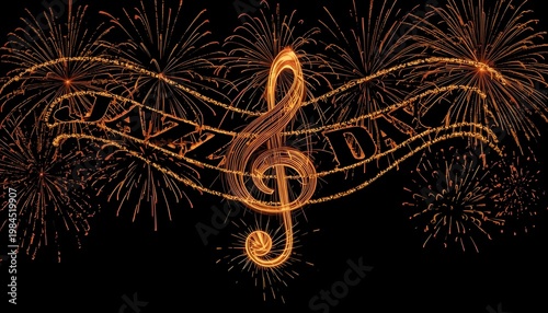 A vibrant musical treble clef made of fireworks exploding in the night sky