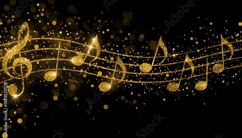 A golden musical note design with sparkles on a black background