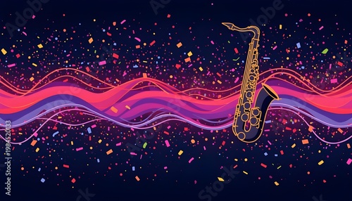A vibrant digital illustration of a saxophone surrounded by colorful confetti and wavy lines on a dark background