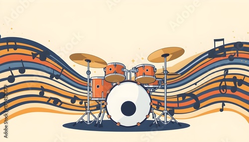 A colorful illustration of a drum set with musical notes and vibrant wavy lines in the background