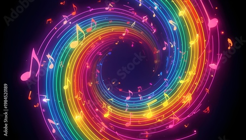 A vibrant and colorful illustration of musical notes and rainbow swirls on a dark background