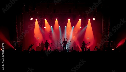A band performs on a dark stage with bright red and blue lights shining down on them.