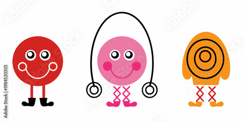 Three colorful cartoonish characters with faces and simple legs