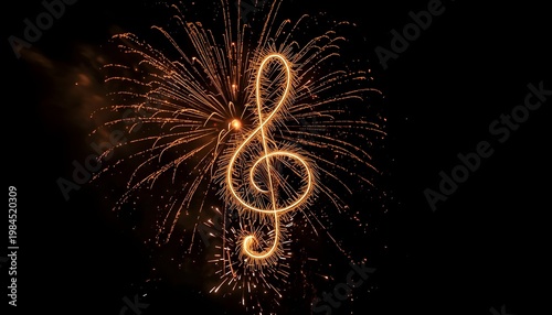 A vibrant treble clef made of fireworks explodes in the night sky