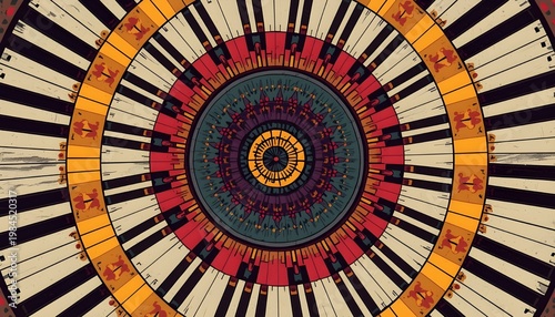 A vibrant and colorful circular pattern made of piano keys in a mesmerizing design