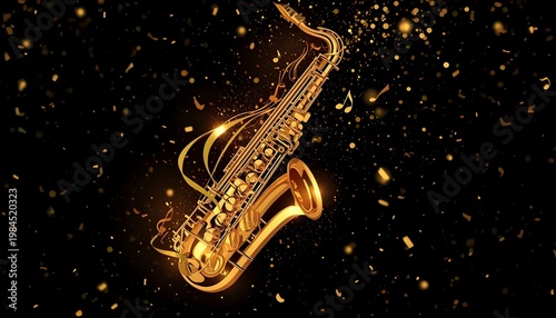 A shiny golden saxophone surrounded by sparkling particles on a dark background