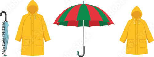 Cartoon vector illustration of umbrella and raincoat showing rainy weather protection clothing and accessory design