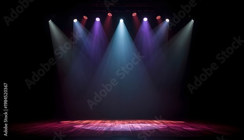 A dark stage with colorful spotlights shining down on the floor, creating a vibrant atmosphere.