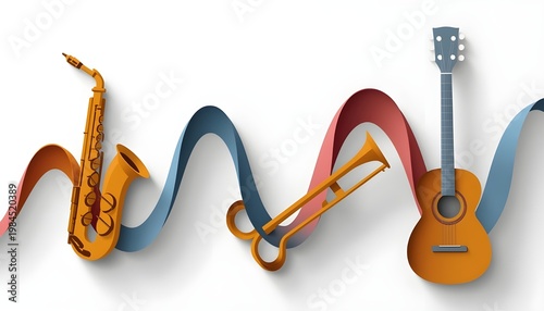 A colorful illustration of musical instruments including a saxophone, trombone, and guitar with wavy ribbons.