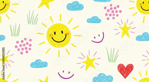 Seamless pattern with cute handdrawn suns, stars, clouds, hearts, and smiles in a doodle style