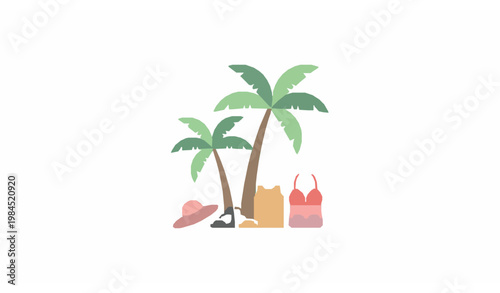 Minimal tropical palms with beachwear and hat flat vector summer fashion label clean branding illustration