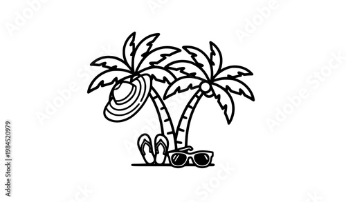 Tropical palm trees with hat and beachwear monoline vector summer badge label design clean illustration