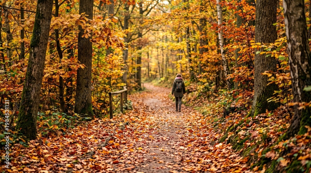 Fototapeta premium A person walks alone on a forest path covered with fallen leaves surrounded by trees with colorful autumn foliage