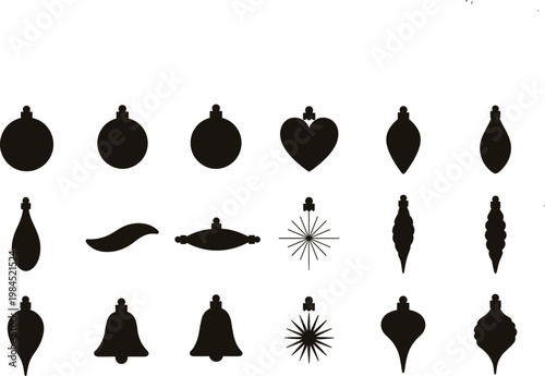 Christmas ornament silhouettes set with various baubles bells and decorations black vector illustration holiday collection design
