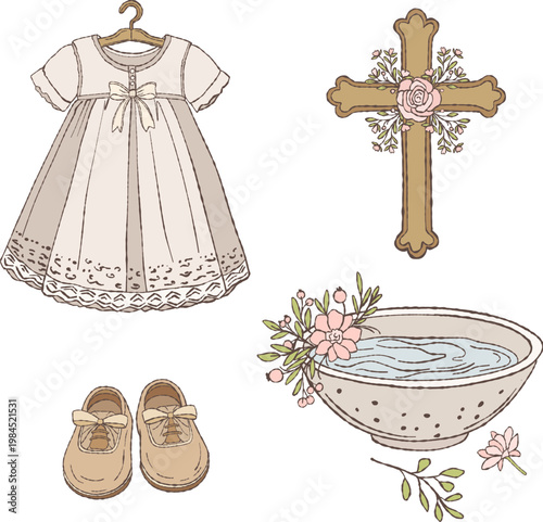Baby girl baptism set. Hand-drawn collection with christening gown, vintage baby shoes, cross and baptismal font decorated with flowers. Delicate, elegant illustrations for religious ceremony