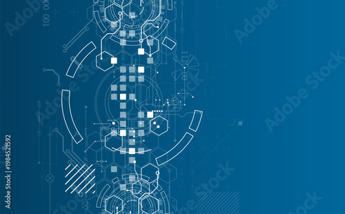 Technological background with various white elements in a drawing style on a blue background.