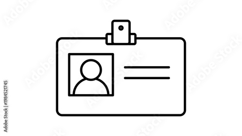 ID Badge Minimalist Black Line Vector Icon on White Background. This rectangular employee identification card features a photo placeholder and text lines. Editable Stroke Vector Illustration.
