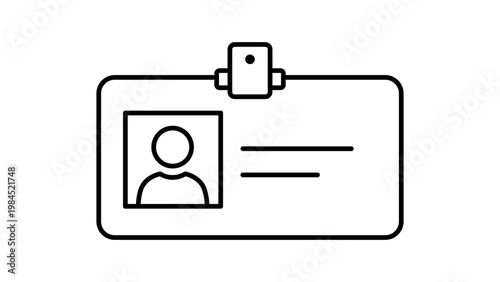 ID Badge Minimalist Black Line Vector Icon on White Background Representing an Identification Card with Photo and Text Fields, Editable Stroke Illustration for Business, Corporate Security.