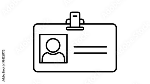 ID Badge Minimalist Black Line Vector Icon on White Background Representing a Rectangular Employee Identification Card with Photo and Text Details, Featuring an Editable Stroke for Customization.