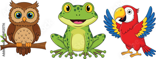 Cute cartoon owl frog and parrot vector illustration set isolated animal characters