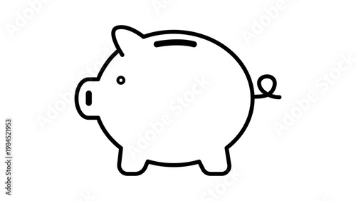 Minimalist Piggy Bank Vector Icon with Editable Stroke. Clean black line illustration of a round pig money box for savings, finance, and banking concepts on white background. Scalable SVG design.