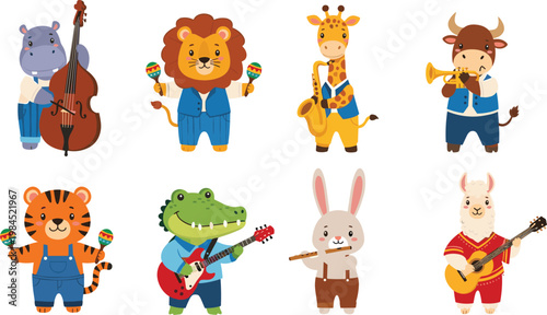 Cute animal musicians vector set featuring lion giraffe cow tiger rabbit crocodile llama playing instruments cartoon collection isolated