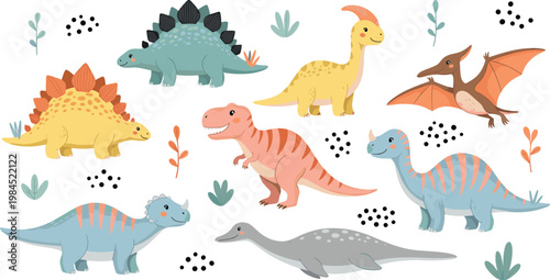 Cute cartoon dinosaurs collection colorful prehistoric animals vector set isolated