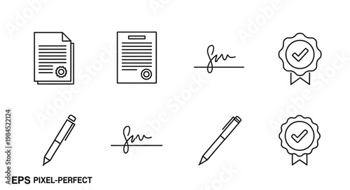 Set of Contract Document Icons with Signature and Seal.