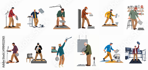 Flat vector illustrations of foley artists creating sound effects for film and audio production using various everyday objects and recording equipment.