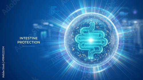 Intestine care and protection. Healthy Intestine medical concept. Human Intestine bowel anatomy organ icon inside protection sphere shield with hexagon pattern on blue background. Vector ai