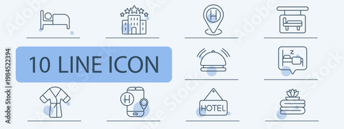 Hotel amenities set icon. Bed building location lift bell sleep robe phone sign spa hospitality service accommodation travel comfort.