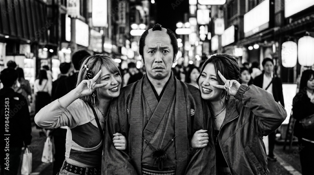 Obraz premium サムライ、ギャルと記念撮影をする。日本文化の伝統と現代が融合したシュールな、現代の街中でギャルピースをする日本人ギャルと困惑する侍の記念撮影