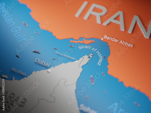 Strait of Hormuz, 3D map of the persian gulf with Iran highlighted.