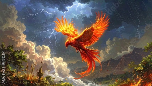 A radiant phoenix ascends amidst swirling cosmic clouds, wings glowing in fiery orange, red, and gold, blending into cool blues and purples, symbolizing rebirth, transformation, and celestial power.