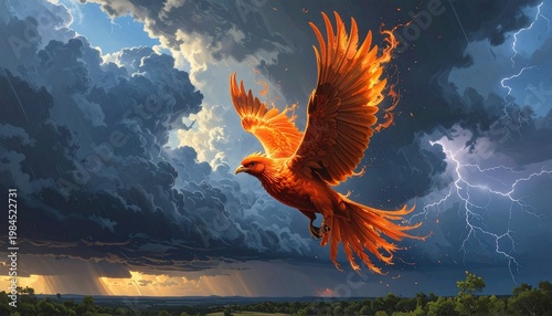 A radiant phoenix ascends amidst swirling cosmic clouds, wings glowing in fiery orange, red, and gold, blending into cool blues and purples, symbolizing rebirth, transformation, and celestial power.