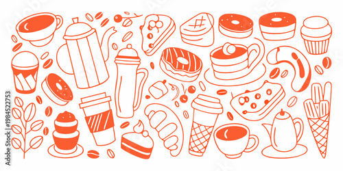 Colorful hand drawn illustration of various desserts and coffee items
