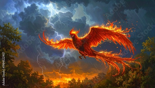 A radiant phoenix ascends amidst swirling cosmic clouds, wings glowing in fiery orange, red, and gold, blending into cool blues and purples, symbolizing rebirth, transformation, and celestial power.
